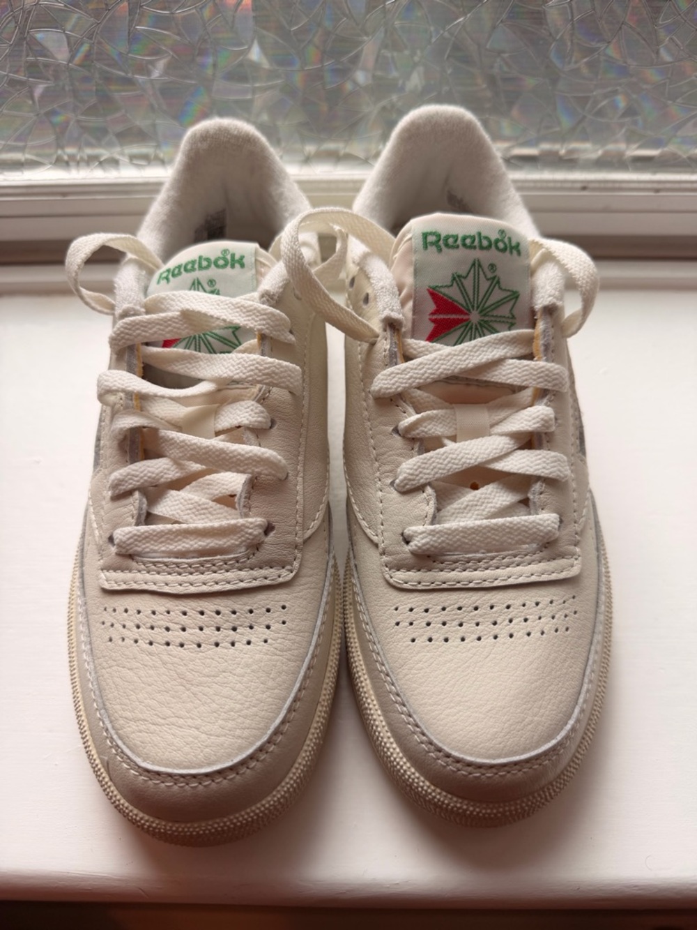 Reebok Kids Leather Sneakers in Cream with Green & Red Logo